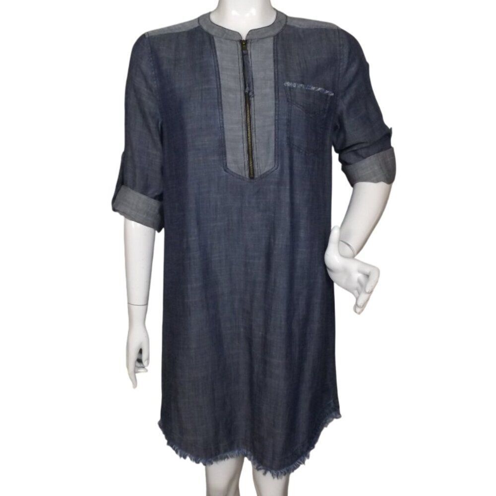 new TRINA TURK Mini Dress, M, Chambray/Denim Look, Fringe hem, roll Sleeves Blue